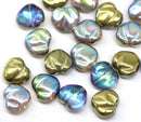 10mm Golden puffy heart Czech glass pressed beads AB finish vitrail - 10Pc