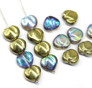 10mm Golden puffy heart Czech glass pressed beads AB finish vitrail - 10Pc