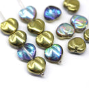 10mm Golden puffy heart Czech glass pressed beads AB finish vitrail - 10Pc