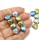 10mm Golden puffy heart Czech glass pressed beads AB finish vitrail - 10Pc