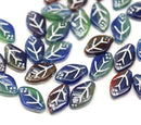 12x7mm Dark blue green red Czech glass beads silver inlays, 30pc