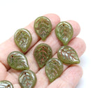18x13mm Picasso green Czech glass leaves, 10Pc