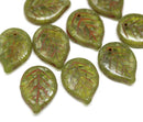 18x13mm Picasso green Czech glass leaves, 10Pc