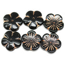 20mm Large black Czech glass flower beads copper wash, 6Pc