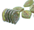 18x13mm Picasso green Czech glass leaves, 10Pc