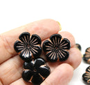 20mm Large black Czech glass flower beads copper wash, 6Pc