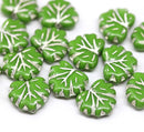 11x13mm Opaque light green maple czech glass leaf beads silver wash, 15pc