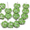 11x13mm Opaque light green maple czech glass leaf beads silver wash, 15pc