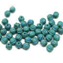 4mm Dark turquoise green melon shape glass beads with blue stripes, 50pc