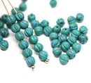 4mm Dark turquoise green melon shape glass beads with blue stripes, 50pc