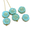 12mm Turquoise blue pansy flower Picasso finish fire polished beads