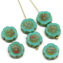 12mm Turquoise green pansy flower Picasso finish fire polished