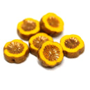 12mm Dark yellow pansy flower Picasso finish fire polished beads