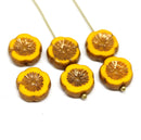 12mm Dark yellow pansy flower Picasso finish fire polished beads