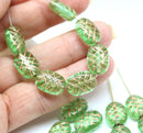 13x9mm Puffy oval spring green czech glass pressed beads, copper wash, 15pc