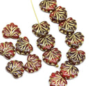 11x13mm Red brown maple czech glass leaf beads gold wash, 15pc