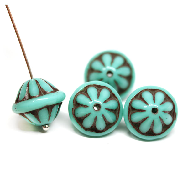 Large turquoise fancy bicone Czech glass pressed beads jewelry making