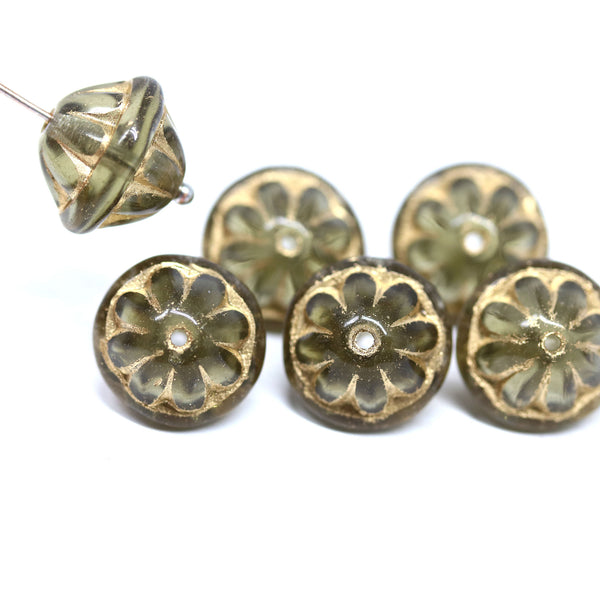 Large gray golden stripes fancy bicone Czech glass pressed beads