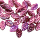 12x7mm Pink leaf beads, sparkling pink inlays Czech glass, 40pc