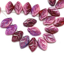 12x7mm Pink leaf beads, sparkling pink inlays Czech glass, 40pc