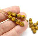 6mm Yellow brown round melon shape czech glass beads, 30Pc