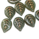 18x13mm Dark gray large leaves, copper wash Czech glass beads, 8Pc