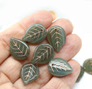18x13mm Dark gray large leaves, copper wash Czech glass beads, 8Pc