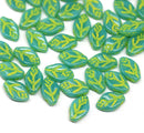 12x7mm Mixed green leaf beads Yellow inlays Czech glass, 40pc