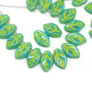12x7mm Mixed green leaf beads Yellow inlays Czech glass, 40pc