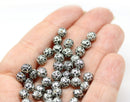 5mm Black rose bud beads, silver wash rose flower round bead, 50pc