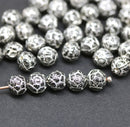 5mm Black rose bud beads, silver wash rose flower round bead, 50pc