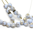 6mm Light blue round melon shape czech glass beads, golden wash, 30Pc