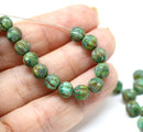 6mm Turquoise green round melon shape czech glass beads, picasso, 30Pc