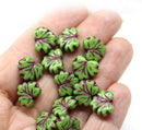 11x13mm Opaque green maple czech glass leaf beads purple wash, 15pc