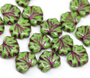 11x13mm Opaque green maple czech glass leaf beads purple wash, 15pc