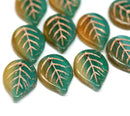18x13mm Green yellow copper wash Czech glass leaves, 10Pc