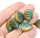 18x13mm Green yellow copper wash Czech glass leaves, 10Pc