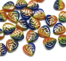 9mm Blue orange yellow glass leaf beads, Czech glass small petals, 30pc