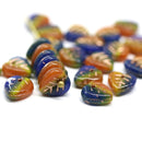 9mm Blue orange yellow glass leaf beads, Czech glass small petals, 30pc