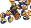 9mm Blue orange yellow glass leaf beads, Czech glass small petals, 30pc