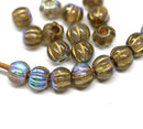 2.5mm hole light brown 8mm melon shape beads, golden wash - 20pc