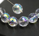 12mm Crystal clear Czech Glass round fire polished beads AB finish, 8Pc