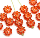 9mm Dark orange Czech glass daisy flower beads copper inlays, 20pc