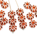 9mm Dark orange Czech glass daisy flower beads silver inlays, 20pc