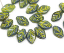 12x7mm Mixed gray leaf beads yellow wash Czech glass, 30Pc