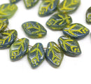 12x7mm Mixed gray leaf beads yellow wash Czech glass, 30Pc