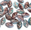 12x7mm Blue dark red leaf beads copper wash Czech glass, 30Pc