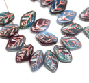 12x7mm Blue dark red leaf beads copper wash Czech glass, 30Pc