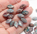 12x7mm Blue dark red leaf beads copper wash Czech glass, 30Pc