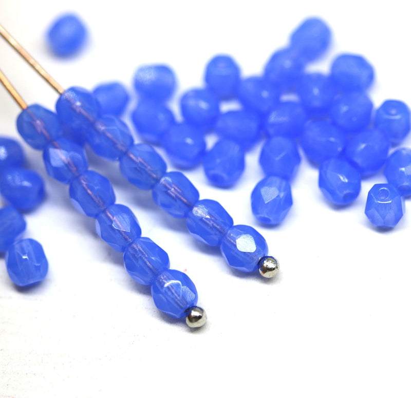 4mm Opal periwinkle blue czech glass fire polished beads, 30Pc